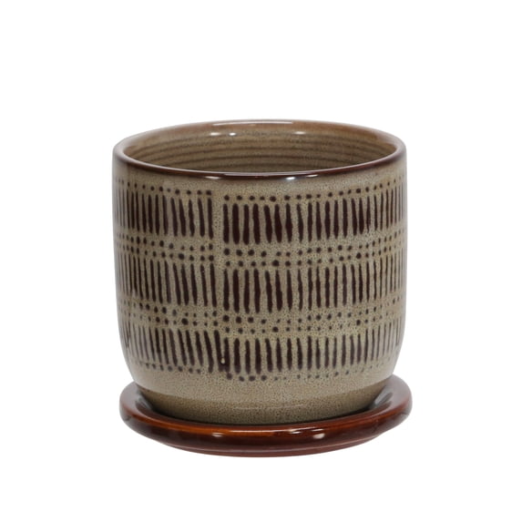 Sagebrook Home Ceramic 5" Lines Planter with Saucer, Brown