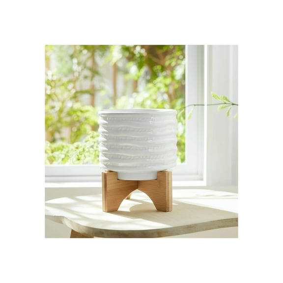 Modern White Ceramic Planter with Wooden Stand - Textured Ceramic Indoor Plant Pot for Home & Garden Decor - 8 Inch, White