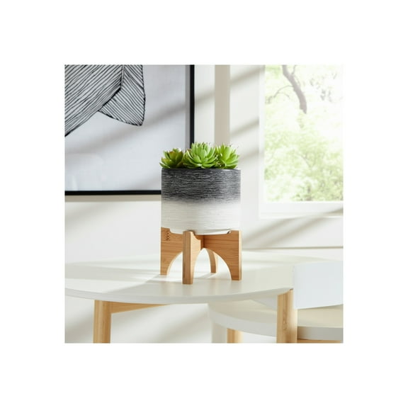 Ceramic Planter with Wooden Stand - Modern Indoor Plant Pot for Home & Garden Decorative Flower Pot with Bamboo Holder Succulents Small Plants - 6" Gray