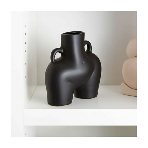 Black Ceramic Stoneware Vase - Modern Art-Inspired Decorative Accent - Glam Home & Office Decor - Unique Sculpture Design for Living Room, Bedroom, or Workspace - 6" Black