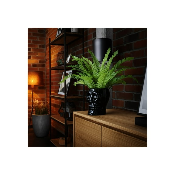 Skull Vase Ceramic Stoneware - Modern Gothic Decorative Planter for Home, Office, Bedroom & Living Room - Unique Halloween Flower Pot - 8" Black