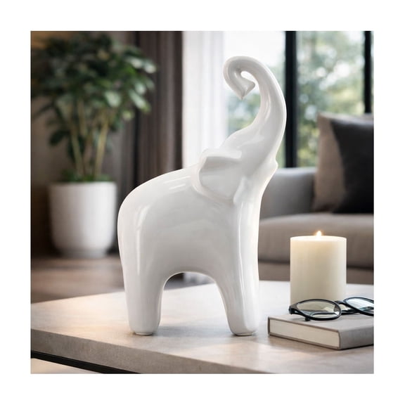 Decorative Ceramic Elephant Statue for Home Decor - Figurine Ornament for Bathroom, Office, and Living Room Accent - Sculptural Decorative Object for Shelf and Coffee Table - 11", White