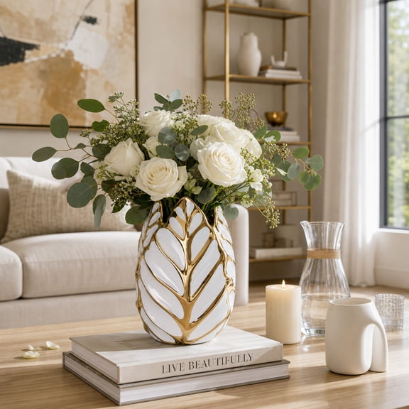 Modern Ceramic Vase for Home Decor - Sculpted Accent Decor for Living Room Decor, Bedroom Accent, Tabletop, or Office Shelf Decor - Decorative Contemporary Flower Vase - 8" White & Gold