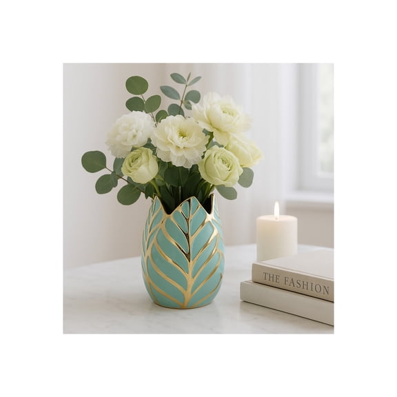 Modern Ceramic Vase for Home Decor - Sculpted Accent Decor for Living Room Decor, Bedroom Accent, Tabletop, or Office Shelf Decor - Decorative Contemporary Flower Vase - 8" Green & Gold
