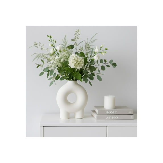 Decorative Ceramic Vase for Home Decor - House Accent for Living Room Decor, Bedroom, Office, or Table Centerpiece - Modern Round Flower Vase for Kitchen, Entryway, or Shelf Styling - 7", White