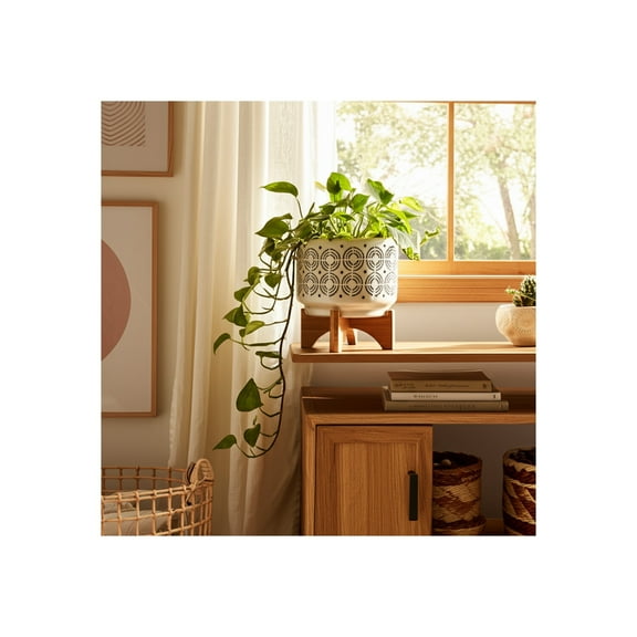 Ivory Ceramic Planter with Wooden Stand - Decorative Indoor/Outdoor Plant Pot - Modern Boho Home & Garden Decor - Stylish Round Flower Pot for Succulents & Herbs - 8", Ivory & Tan