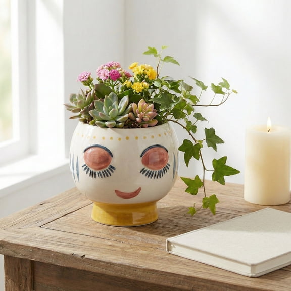 Sophisticated Round Flower Pots for Home Decor - Ceramic Planter with Hand-Painted Face Design for Patio and Outdoor Plants - Accent Display as Indoor and Garden Displays, 6", Ivory & Yellow