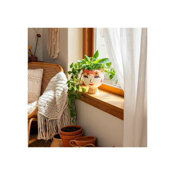 Round Flower Pots Boho Ceramic Planter for Indoor Plants - Decorative Stoneware Plant Pots for Home Decor and Planters - Outdoor Display with Artistic Face Design for Patio & Shelf Styling - 7", Pink