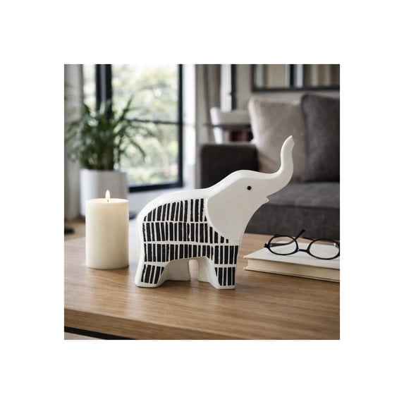 Elephant Figurine for Home and Bathroom Decor - Ceramic Animal Sculpture for Office and Room Styling - Modern Statue Display for Living Room, Shelf and Coffee Table Ornament - 7", Black & White