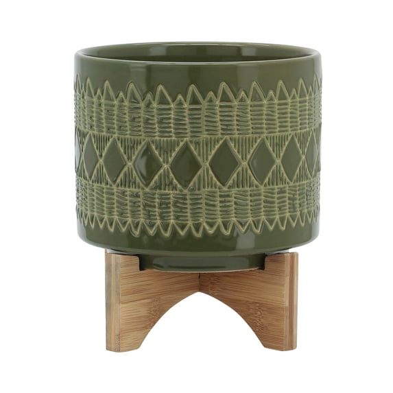 Sagebrook Home Ceramic 8" Aztec Planter On Wooden Stand, Olive