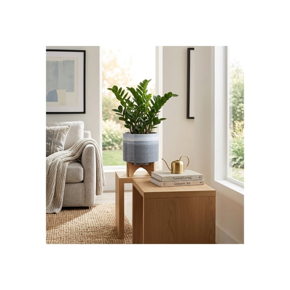 Round Flower Pots with Wood Stand for Home Decor - Ceramic Planters for Indoor and Outdoor Plants - Modern Stoneware Pots for Plants, Garden Style Spaces, Floor Styling, and Entryway - 10", Blue