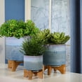 thumbnail image 1 of Ceramic Planter with Wooden Stand - Modern Indoor Outdoor Plant Pot for Home & Garden Decor - 10" Blue, 1 of 11
