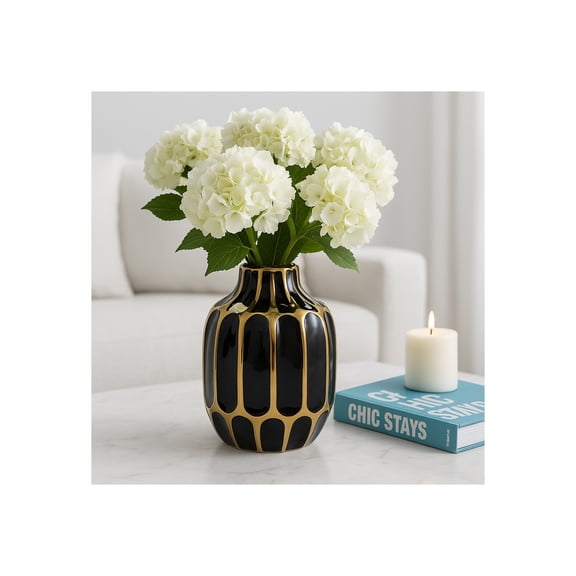 Elegant Ceramic Vase for Living Room Decor and Home Decor Accent - Modern Decorative Flower Vase for Room, Bedroom, or Office Desk - Designed for House and Table Decor - 8", Black & Gold