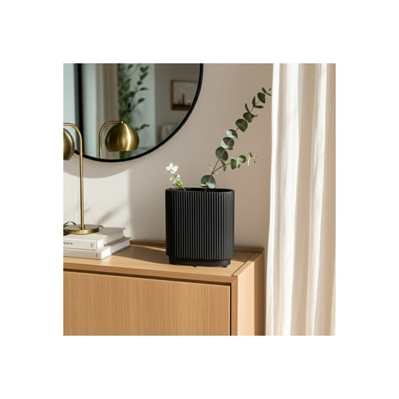 Modern Ribbed Ceramic Vase - Textured Stoneware Flower Pot for Home, Office, Bedroom & Living Room - Decorative Minimalist Vase for Pampas Grass, Dried Flowers & Fresh Bouquets - 8" Black
