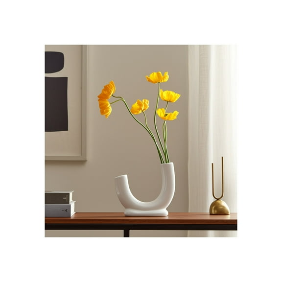 Modern U-Shaped Ceramic Stoneware Vase - Minimalist Decorative Flower Holder for Home, Living Room, Bedroom & Office - Elegant Accent Piece - 8" White