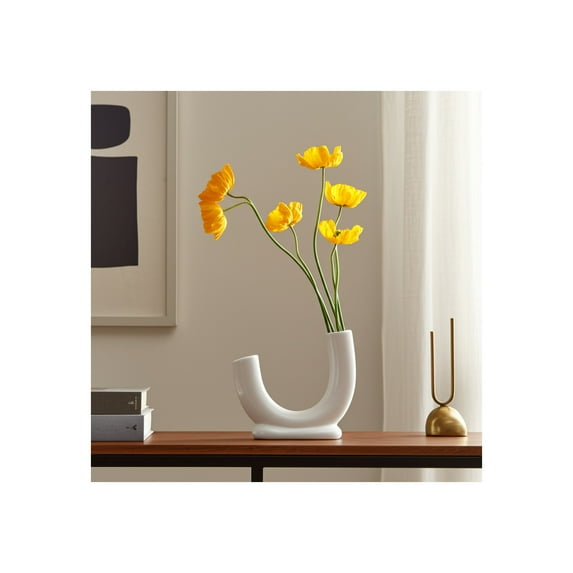 Modern U-Shaped Ceramic Stoneware Vase - Minimalist Decorative Flower Holder for Home, Living Room, Bedroom & Office - Elegant Accent Piece - 8" White