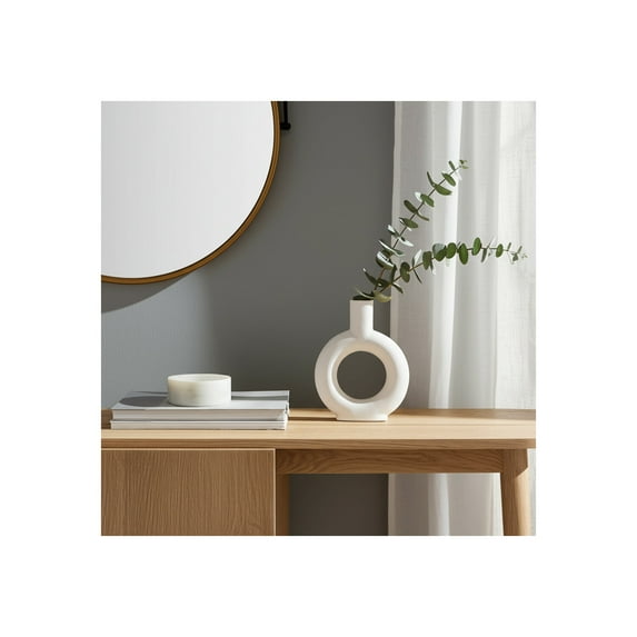 Modern Stoneware Ceramic Vase - Minimalist Decorative Accent for Home, Office, Bedroom & Living Room - Contemporary Round Hollow Design - 9" White