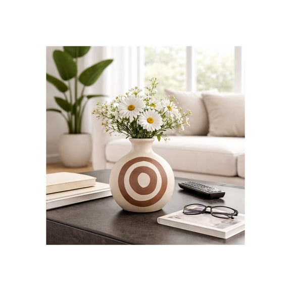 Abstract Vase for Living Room Decor - Ceramic Flower Vase with Boho Stoneware Design for Bedroom, House, and Office Table Decor - Accent Display for Mantel and Console - 6", Ivory  & Tan