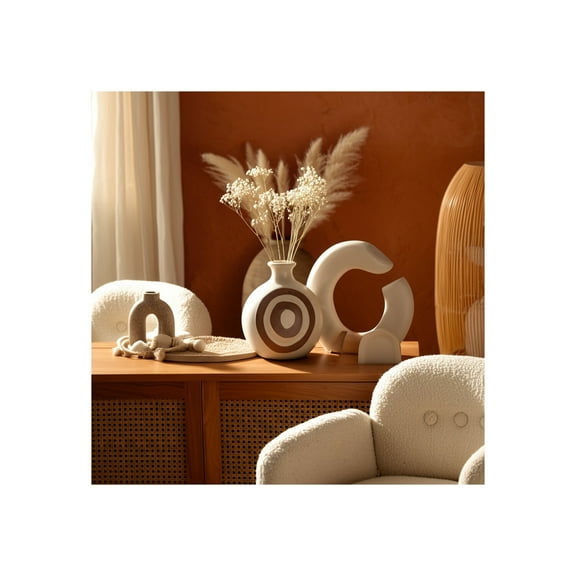 Boho Ceramic Vase - Handcrafted Stoneware Decorative Accent - Modern Rustic Home & Office Decor - Round Bud Vase for Living Room, Bedroom, Desk & Shelf - 6" Ivory & Tan