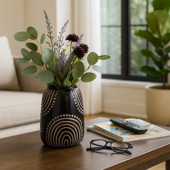 Modern Decorative Flower Vase for Living Room and Bedroom Decor - Elegant Ceramic Vase for Home Decor - Contemporary Accent for House, Room, Office, and Console Table Display - 9", Black & Tan