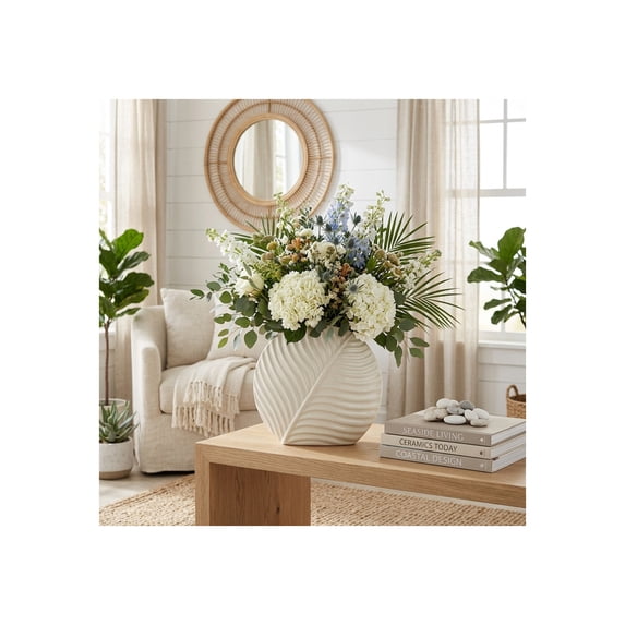 Textured Round Vase with Leaf Design for Living Room Decor - Ceramic Flower Vase for Home, Bedroom Vanity, or Office Table - Coastal Style Accent for Mantel and Console Decoration - 11", Ivory & Tan