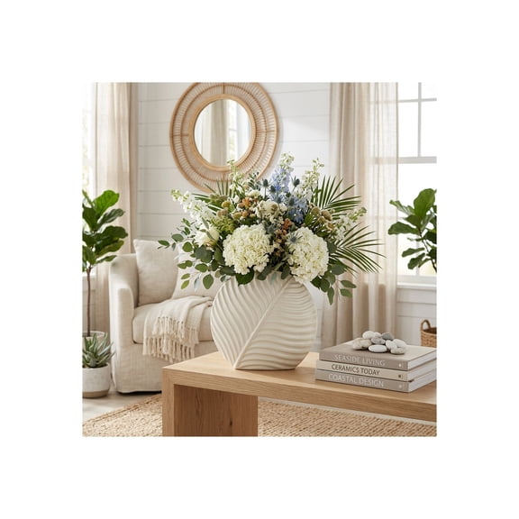 Textured Round Vase for Living Room Decor - Ceramic Flower Vase with Leaf Design for Home, Bedroom Vanity, or Office Table - Coastal Style Accent for Mantel and Console Decoration - 11", Ivory & Tan