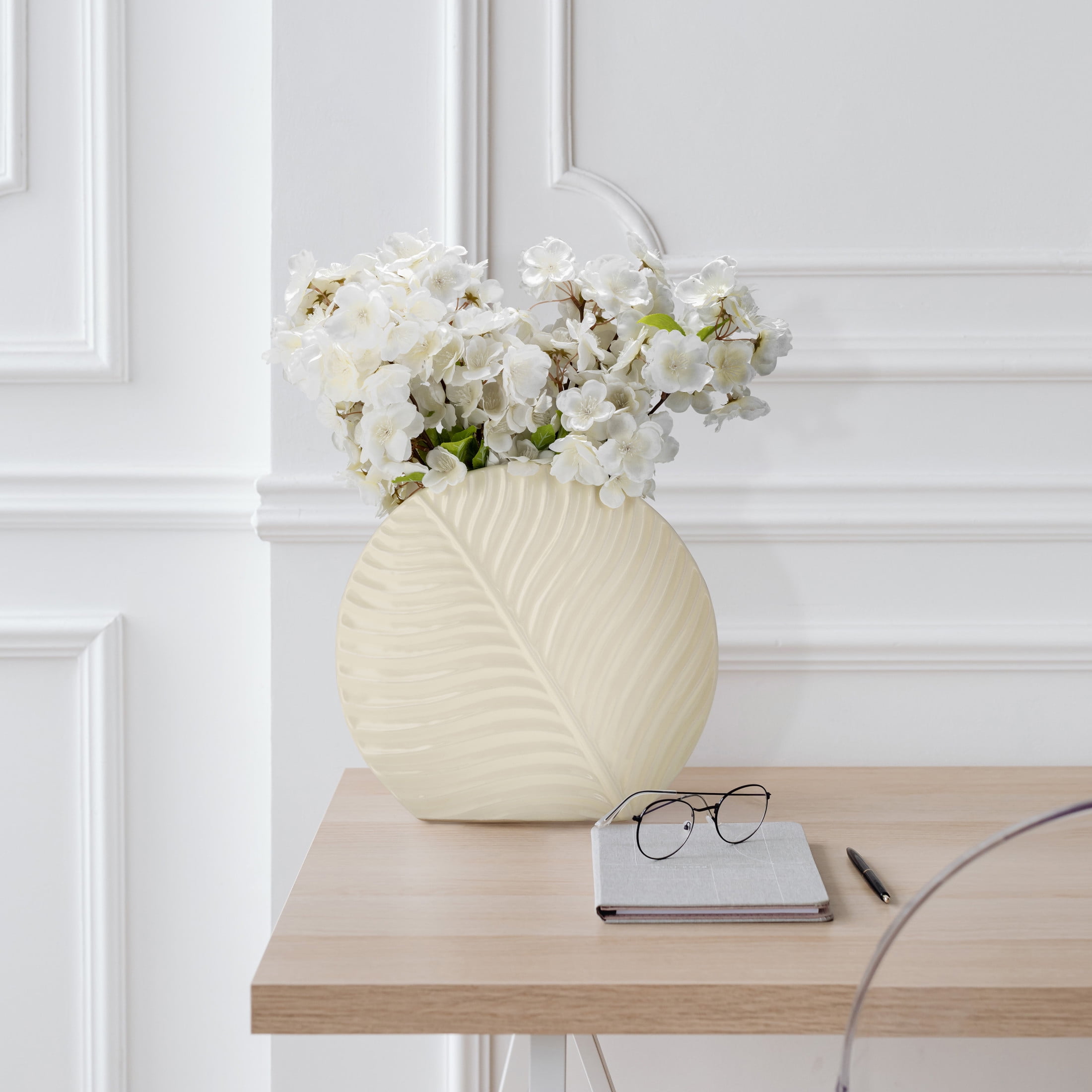 Ivory and Beige Ceramic Leaf Decorative Table Vase