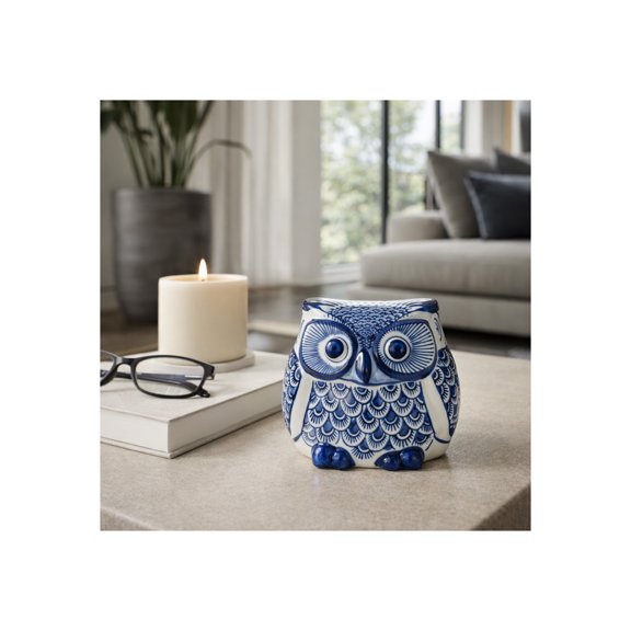 Owl Ceramic Figurine Sculpture for Home and Bathroom Decor - Traditional Stoneware Statue for Office and Room - Decorative Ornament for Living Room, Shelf and Coffee Table Decor - 5", Blue & White