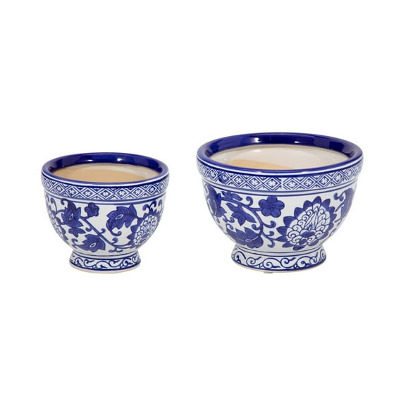Sagebrook Home Ceramic Blue and White Chinoiserie Planter Bowls Set of 2 - 7" x 7" x 5"