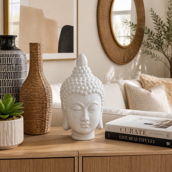 Ceramic Buddha Head Figurine Sculpture for Home Decor - Decorative Statue for Office Desk and Shelf Accent - Modern Ornament Display for Living Room and Coffee Table Decor - 10", White