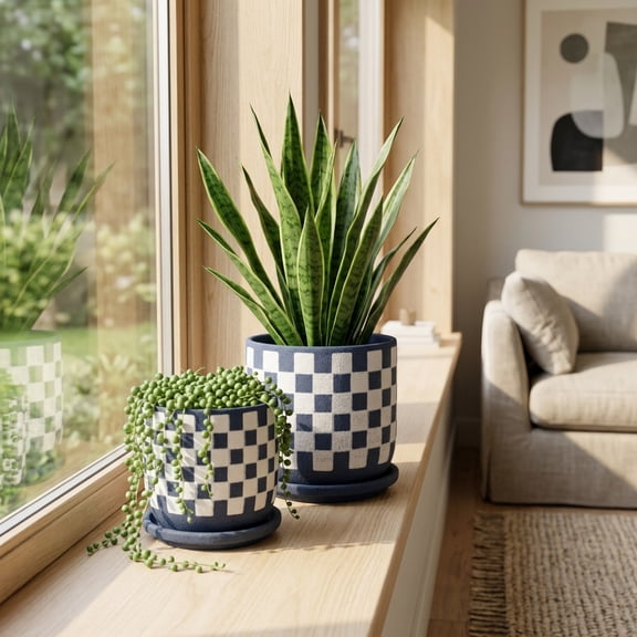 Round Checker Pattern Saucer Planters for Garden Decor - Stoneware Ceramic Display for Home Decor - Sleek Flower Pots for Indoor and Outdoor Plants and Shelf Accent - Set of 2, 6", 5", Blue & White
