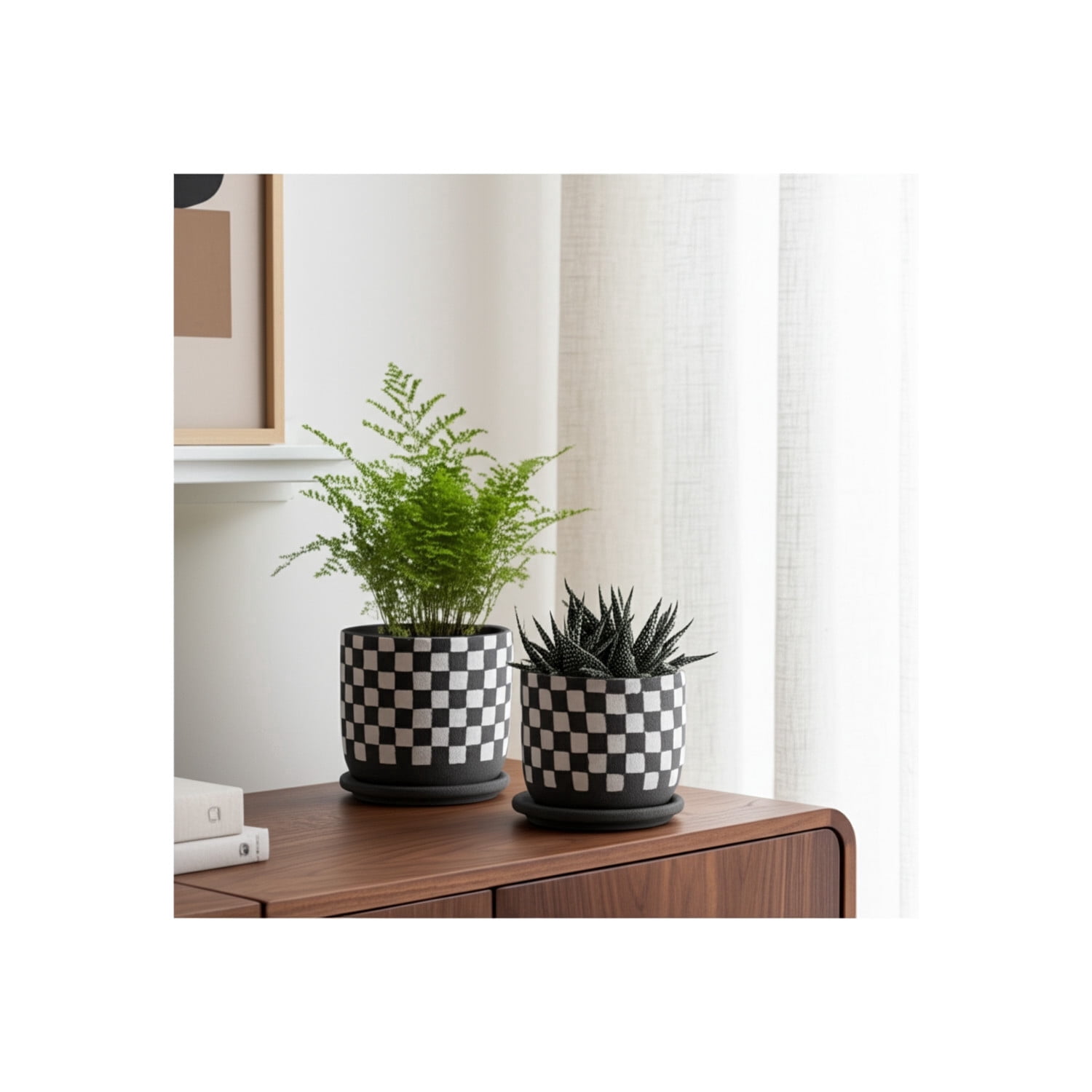 Round Checker Pattern Saucer Planters for Garden Decor - Ceramic Planter for Home and Living Room Decor - Sleek Flower Pots for Indoor and Outdoor Plants - Set of 2, 6", 5", Black & White
