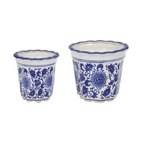 Sagebrook Home Ceramic Chinoiserie Pot Planters Set of 2, Blue and White - 8" x 8" x 8"