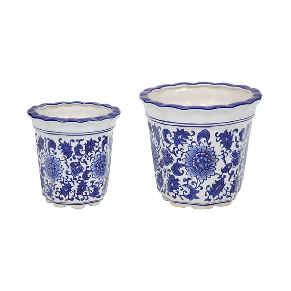 Sagebrook Home Ceramic Chinoiserie Pot Planters Set of 2, Blue and White - 8" x 8" x 8"
