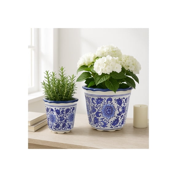 Decorative Chinoiserie Flower Pots for Home Décor - Elegant Ceramic Plant Pots for Outdoor and Indoor Plants - Garden Accent for Living Room, Entryway, or Patio - Set of 2, 8", 7", Blue & White