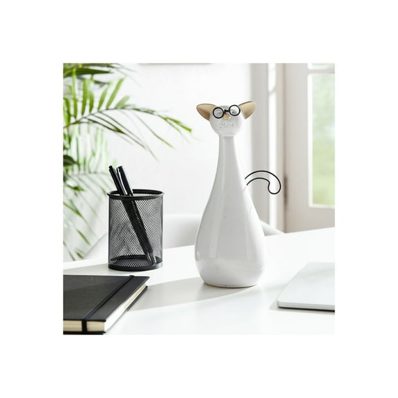 Elegant Cat Figurine with Glasses - Stoneware, Metal & Ceramic Glam Decor - Stylish Home, Office, Bedroom, Living Room Accent - Unique Animal Sculpture Gift - 10" White