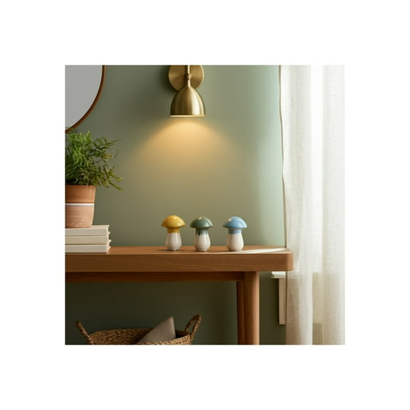 Set of 3 Boho Mushroom Figurines - Handmade Ceramic & Stoneware Decorative Sculptures for Home, Office, Bedroom, or Living Room - 6" Yellow, Green, Blue