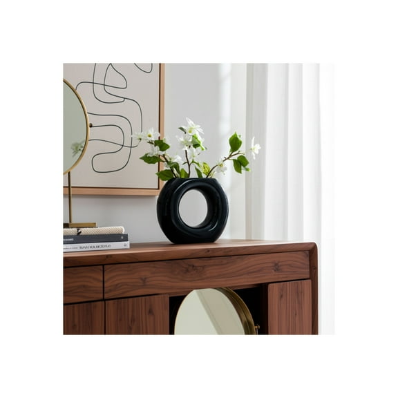 Decorative Ceramic Vase for Living Room Decor - Donut Style Flower Vase for Bedroom Nightstand, House, or Office Decor - Home Decor Accent for Console Table and Kitchen Counter - 5", Blue