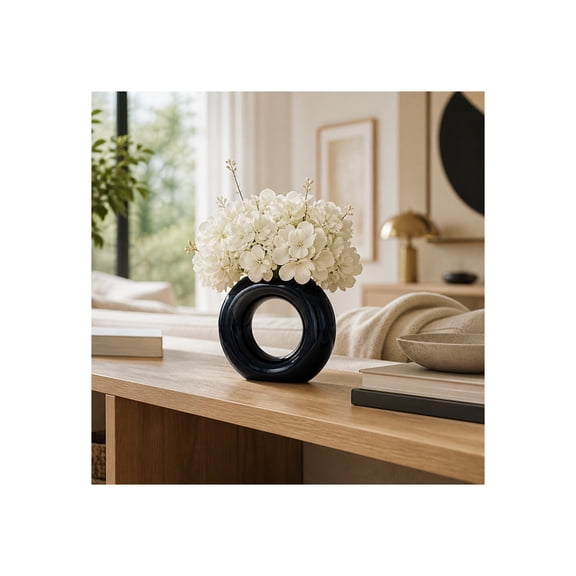 Decorative Ceramic Vase for Living Room Decor - Donut Style Flower Vase for Bedroom Nightstand, House, or Office Decor - Home Decor Accent for Console Table and Kitchen Counter - 5", Blue