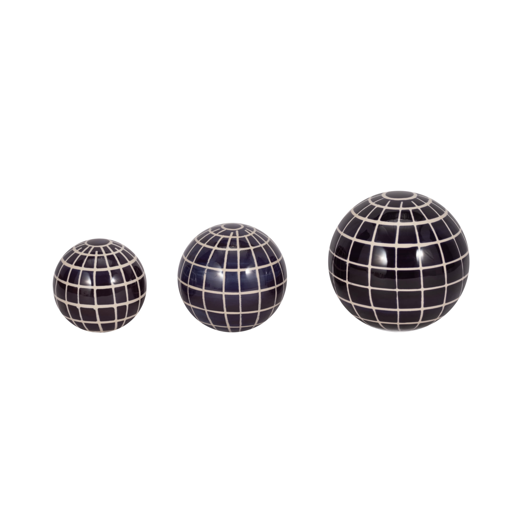 Set of 3 Blue Checkered Ceramic Decorative Orbs