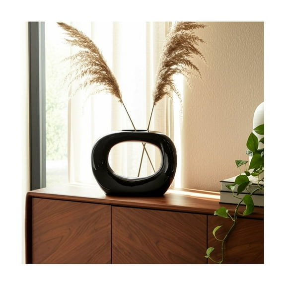 Modern Boho Ceramic Vase - Unique Hollow Design - Stoneware Home Decor Accent for Living Room, Bedroom & Office  - 11" Black