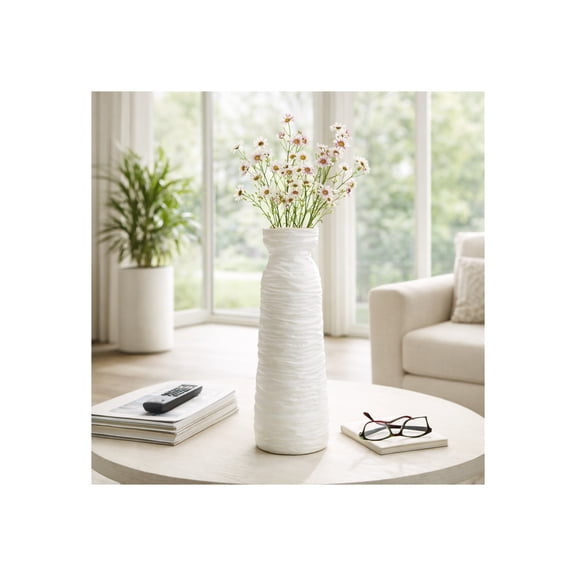 Tall Horizontal Vase for Living Room Decor - Ribbed Ceramic Stoneware Flower Vase for Home, Bedroom, Office, and Table Displays - Textured Accent for Modern House Dining Room Decor - 19", Ivory & Tan