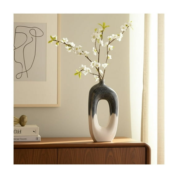 Modern Ceramic Vase - Unique Hollow Design Stoneware Decor - Minimalist Accent for Living Room, Bedroom, Office - 16" Blue & White