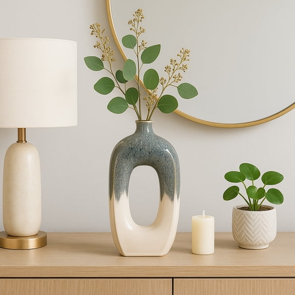 Curvy Cut Out Ceramic Vase Design for Living Room Decor - Two Tone Flower Vase for Bedroom Nightstand, Office Desk, and House - Decorative Home Accents for Table Display - 16", Blue & White