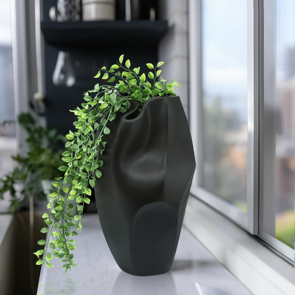 Modern Black Ceramic Vase - 8x8x14 Inch Decorative Flower Vase for Home, Office, Living Room, Bedroom - Elegant Matte Finish Table Centerpiece