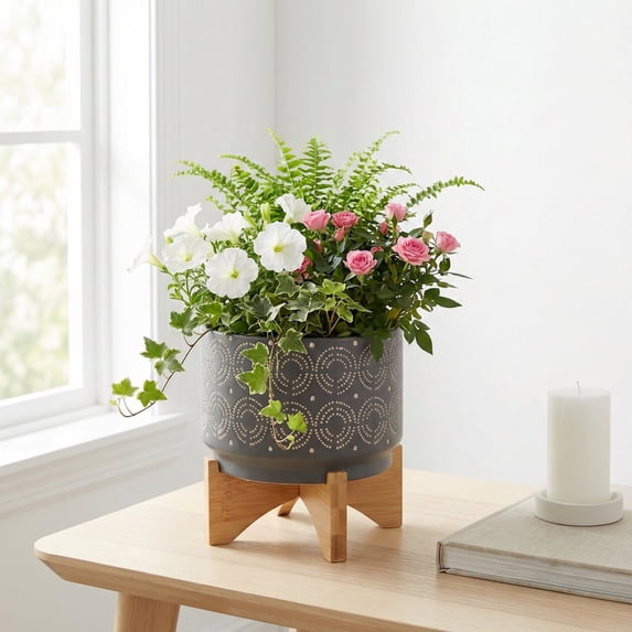 Elevated Flower Pots Planter with Swirl Accent for Indoor Plants - Modern Ceramic Design and Bamboo Stand for Home Decor - Decorative Raised Planter for Tabletop and Shelf Display - 8", Gray