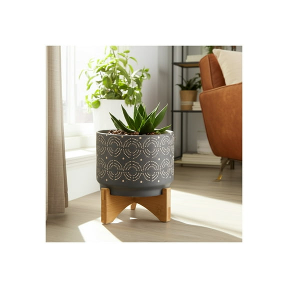 Ceramic Planter with Stand - Ceramic Pot - Modern Indoor Outdoor Plant Holder - Decorative Elevated Design for Home & Garden - Durable & Stylish - 8", Gray