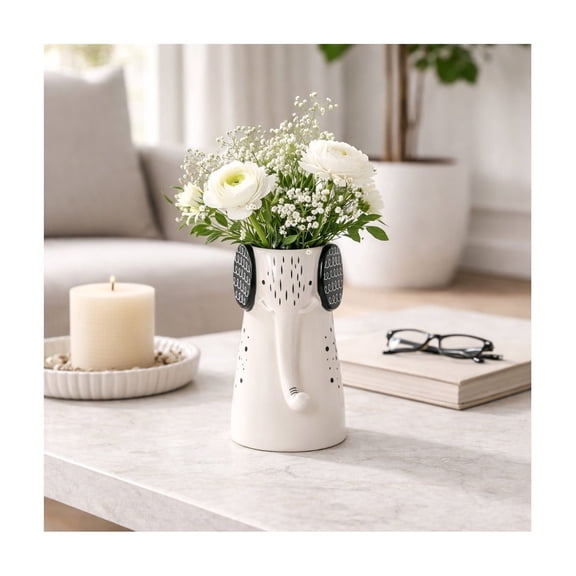 Elephant Figurine for Home Decor - Contemporary Ceramic Sculpture for Bathroom, Office, Living Room or Shelf Display - Modern Decorative Accents with Vase Opening for Coffee Table Feature - 9", White
