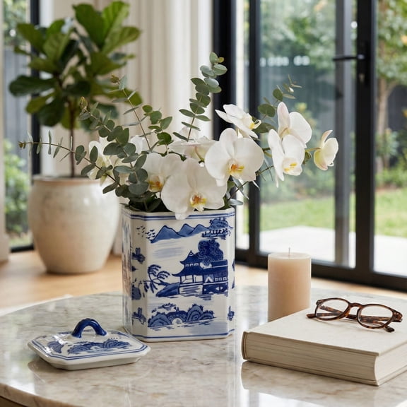 Contemporary Ceramic Jar with Lid for Living Room and Home Decor - Decorative Flower Vase for Room, Bedroom, or Office Display - House Accent for Kitchen Counter or Table Decor - 9", Blue & White