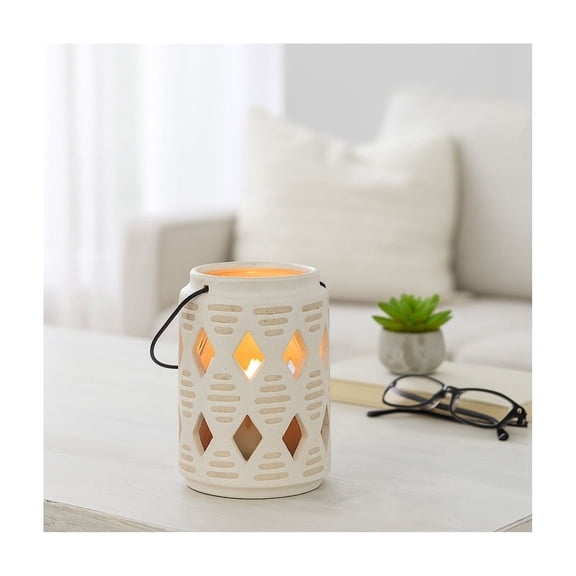 Ceramic Lantern Candle Holder with Diamond Cut Out Design - Casual Pillar Candlestick Holder for Indoor and Outdoor Decor - Stylish Centerpieces for Table or Entryway Accent - 6", Ivory & Tan